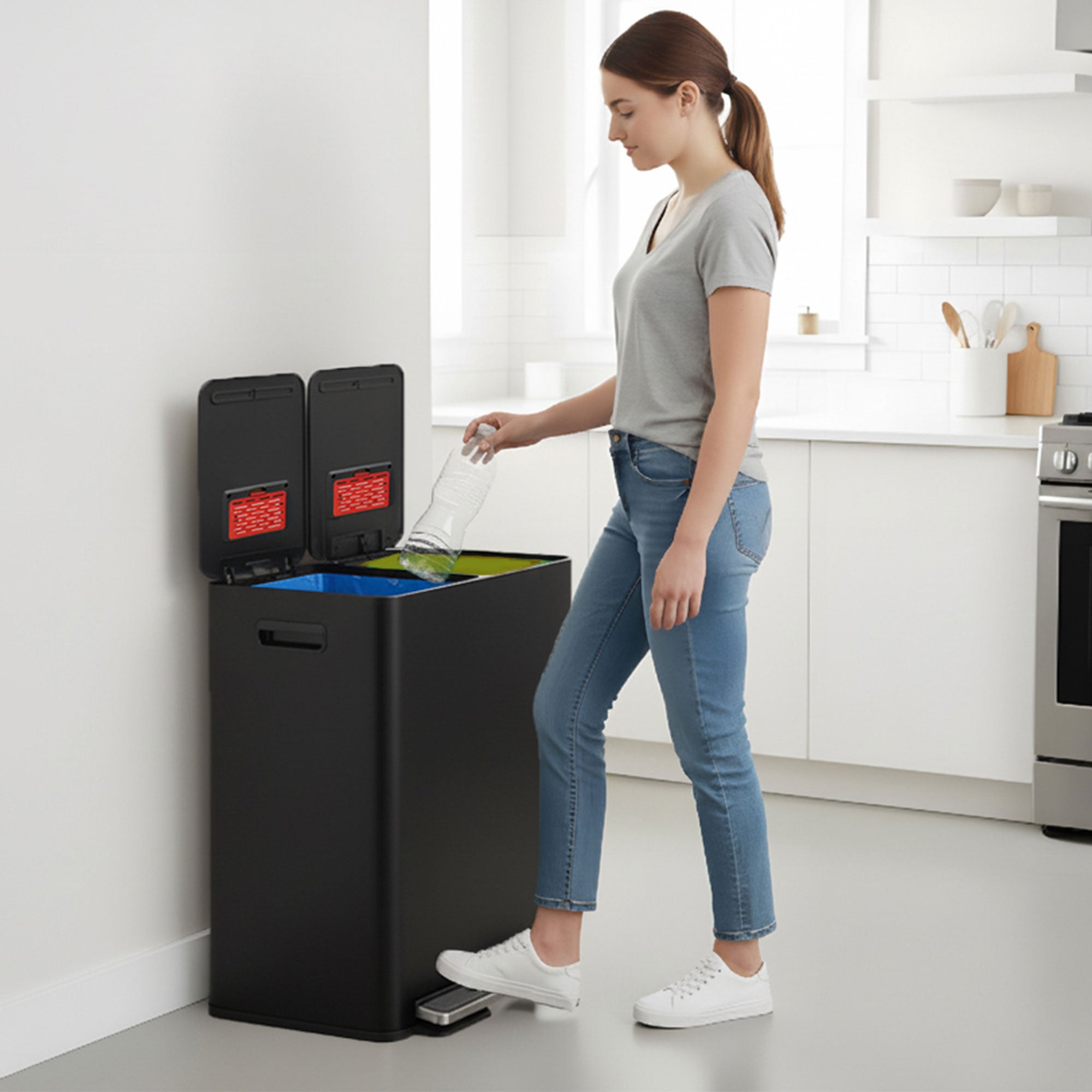 itouchless-16-gallon-60-liter-softstep-matte-black-dual-compartment-trash-and-re image 2