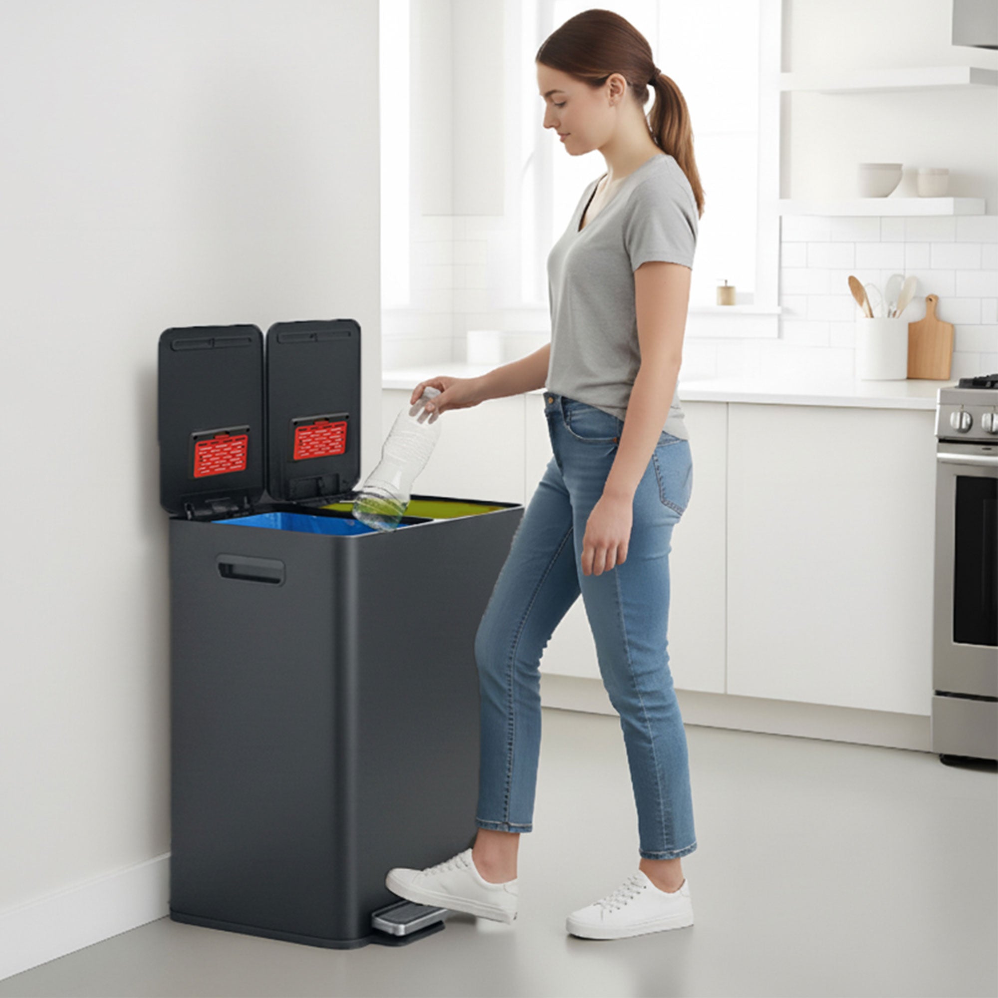 itouchless-61l-16-gal-softstep-stainless-steel-dual-compartment-trash-and-recycl image 2