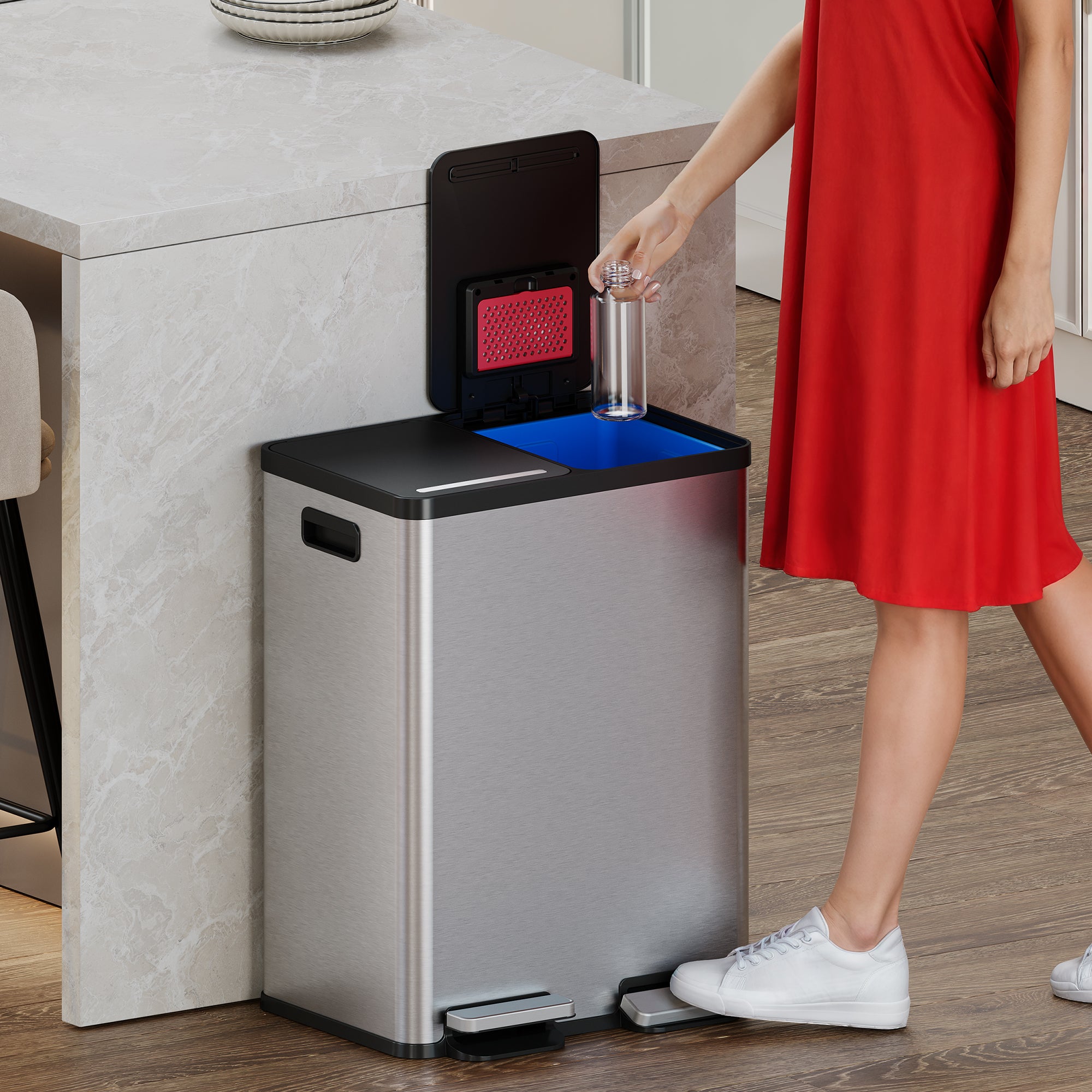 itouchless-softstep-16-gallon-dual-compartment-trash-and-recycle-bin-stainless-s image 3