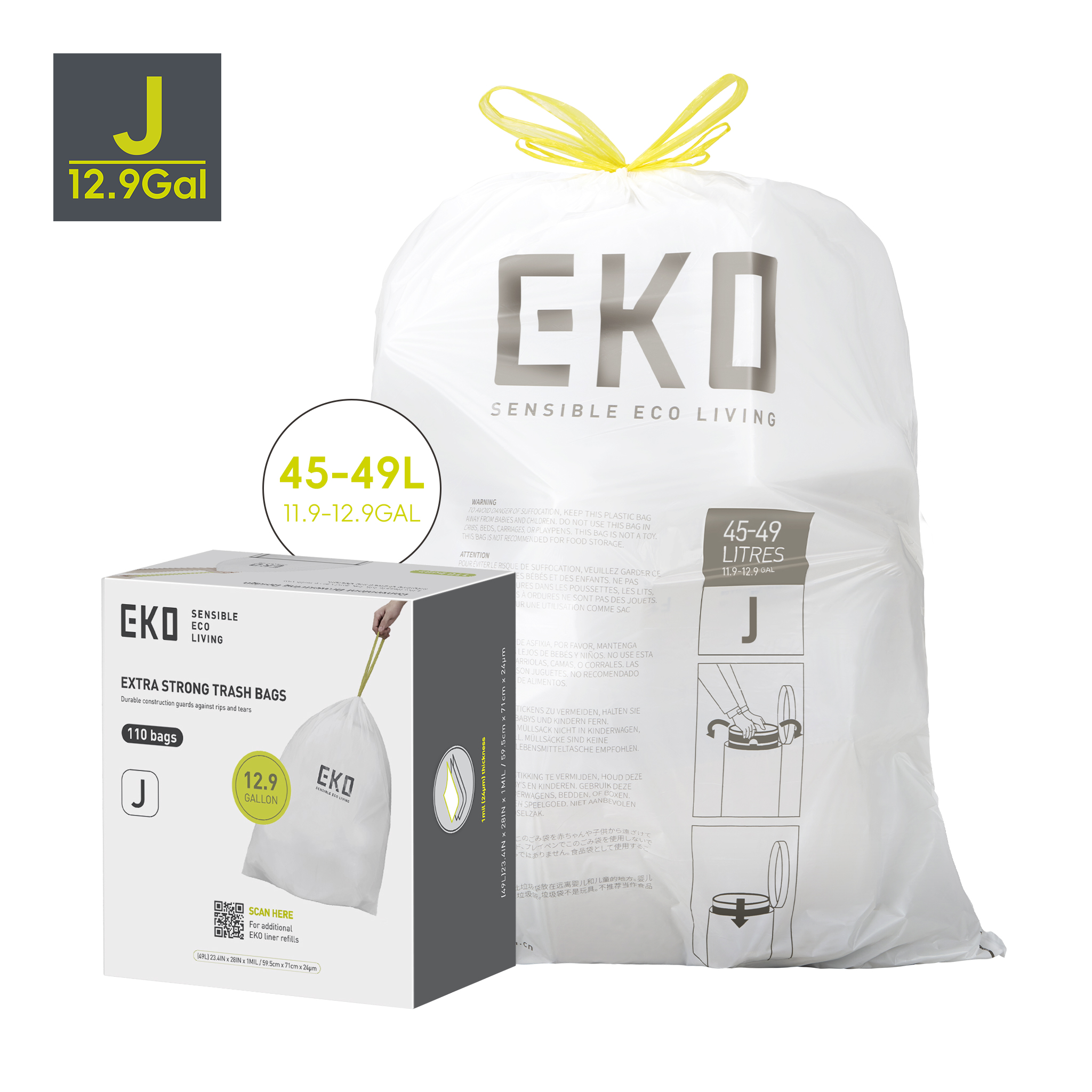 eko-code-j-12-9-gallon-45-49l-easy-dispense-roll-trash-bags-110-count-1-mil-dura image 1