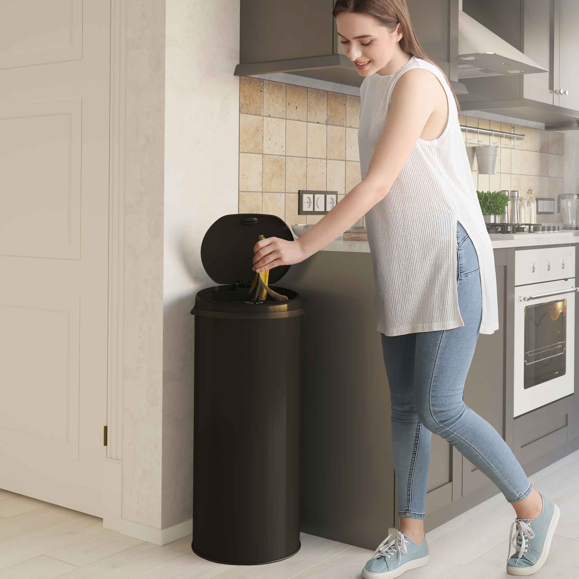 itouchless-13-gallon-50-liter-round-black-stainless-steel-sensor-kitchen-trash-c image 3